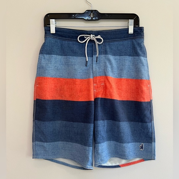 Johnnie-O 9” Shore Half Elastic Surf Swim Shorts in Blue and Orange Stripes, S - Picture 1 of 8